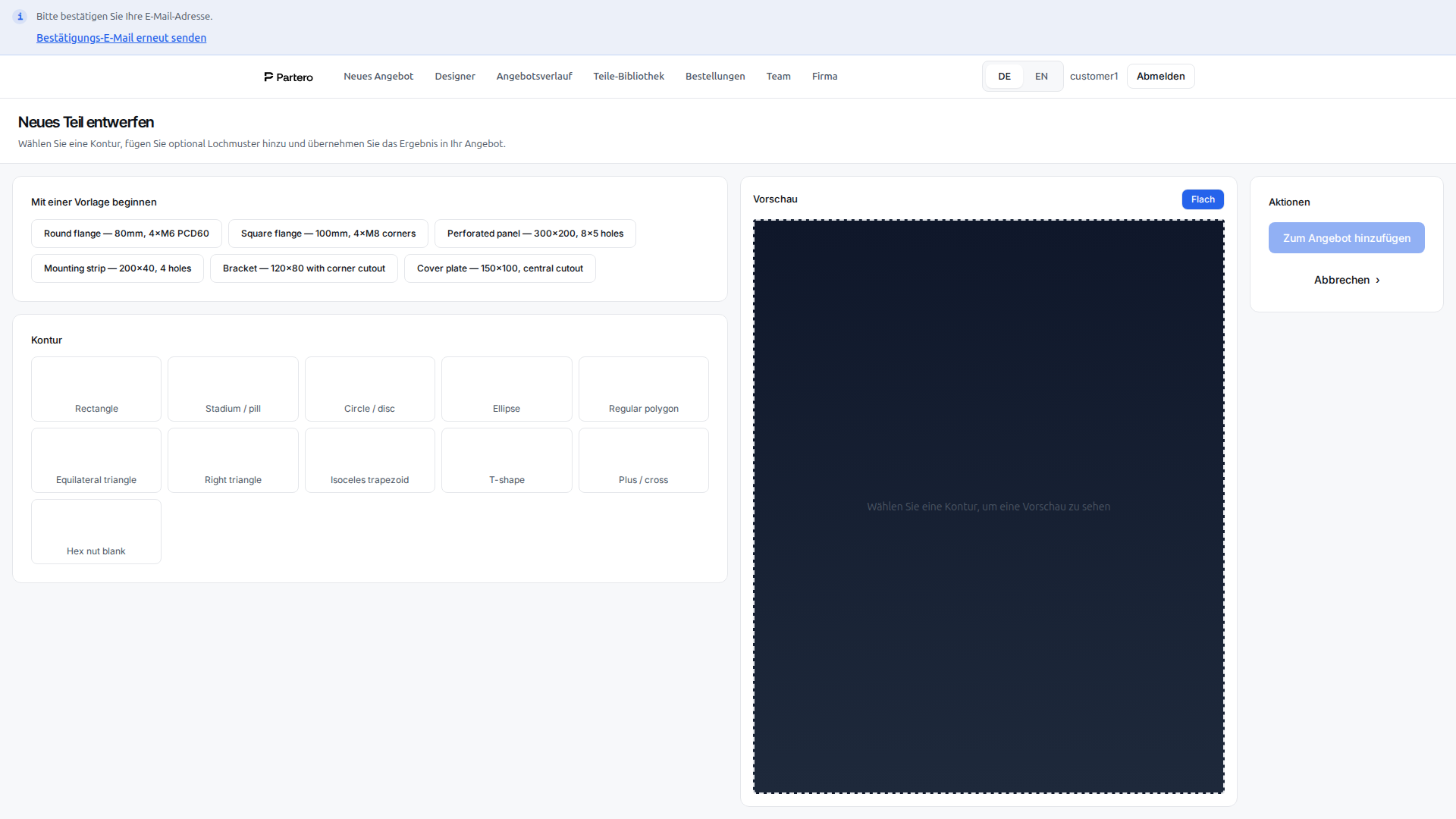 2D-Parameterdesigner — Rechtecke, Löcher, Aussparungen, Biegelinien — gesteuert über die Maße, die Sie eingeben.