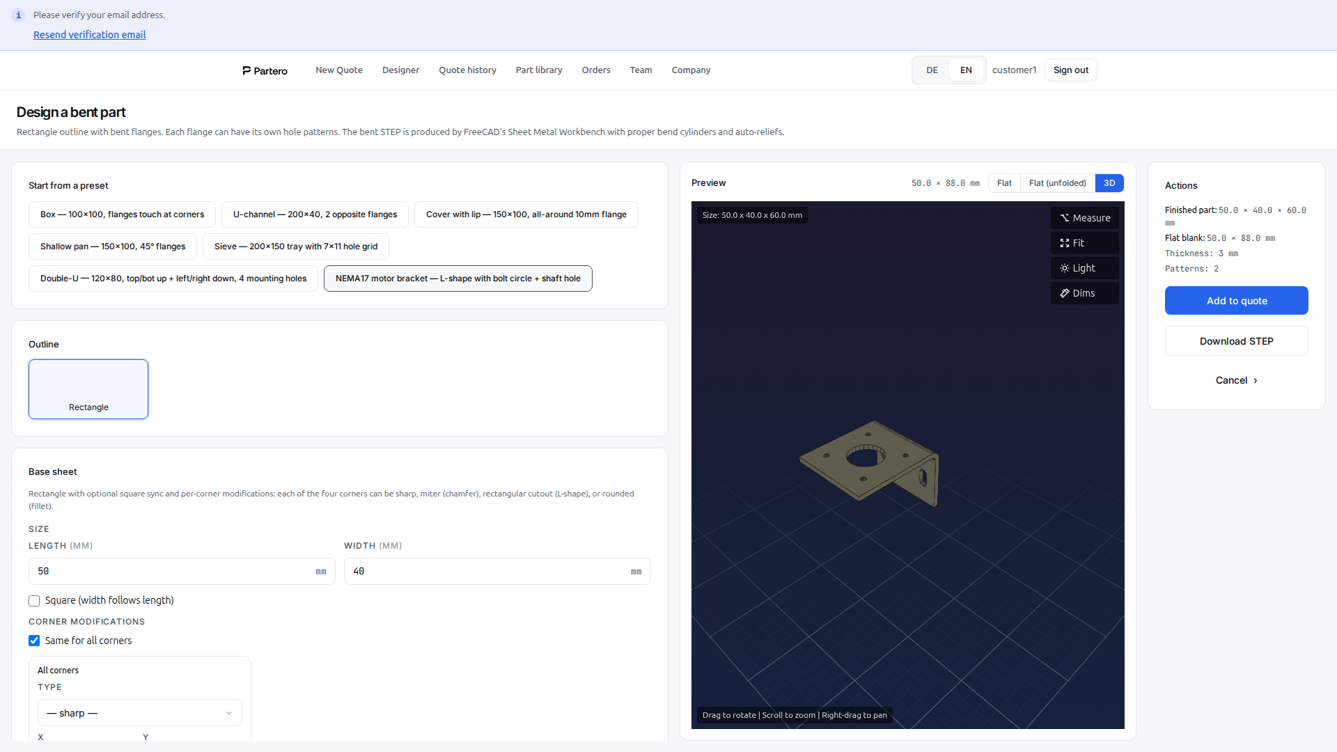 3D part designer — Full 3D modelling and visualisation, with the same pricing engine downstream.