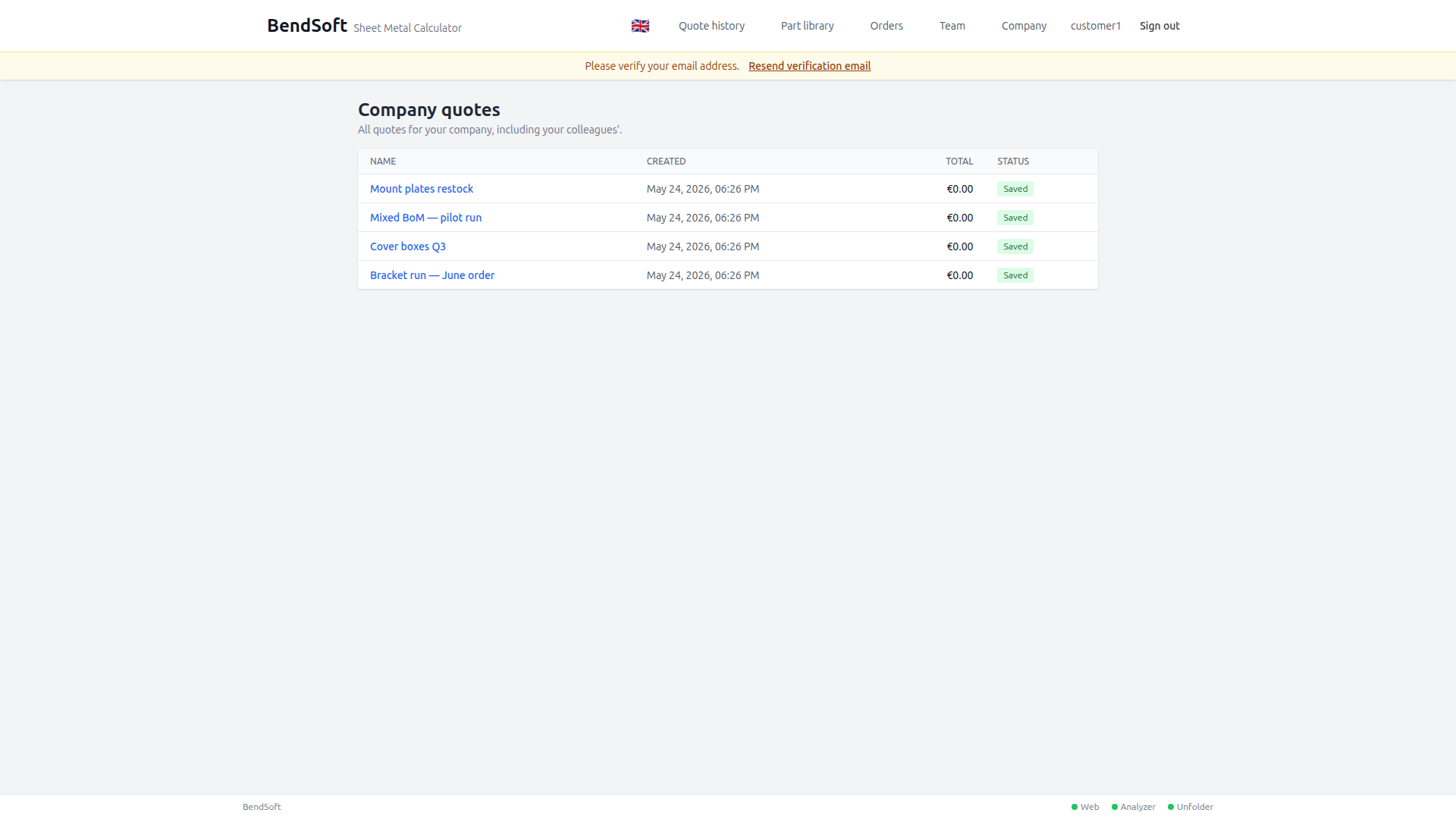 Send + track quotes — Generate a branded PDF, email it directly, and see when the customer opens it. Audit trail per send.