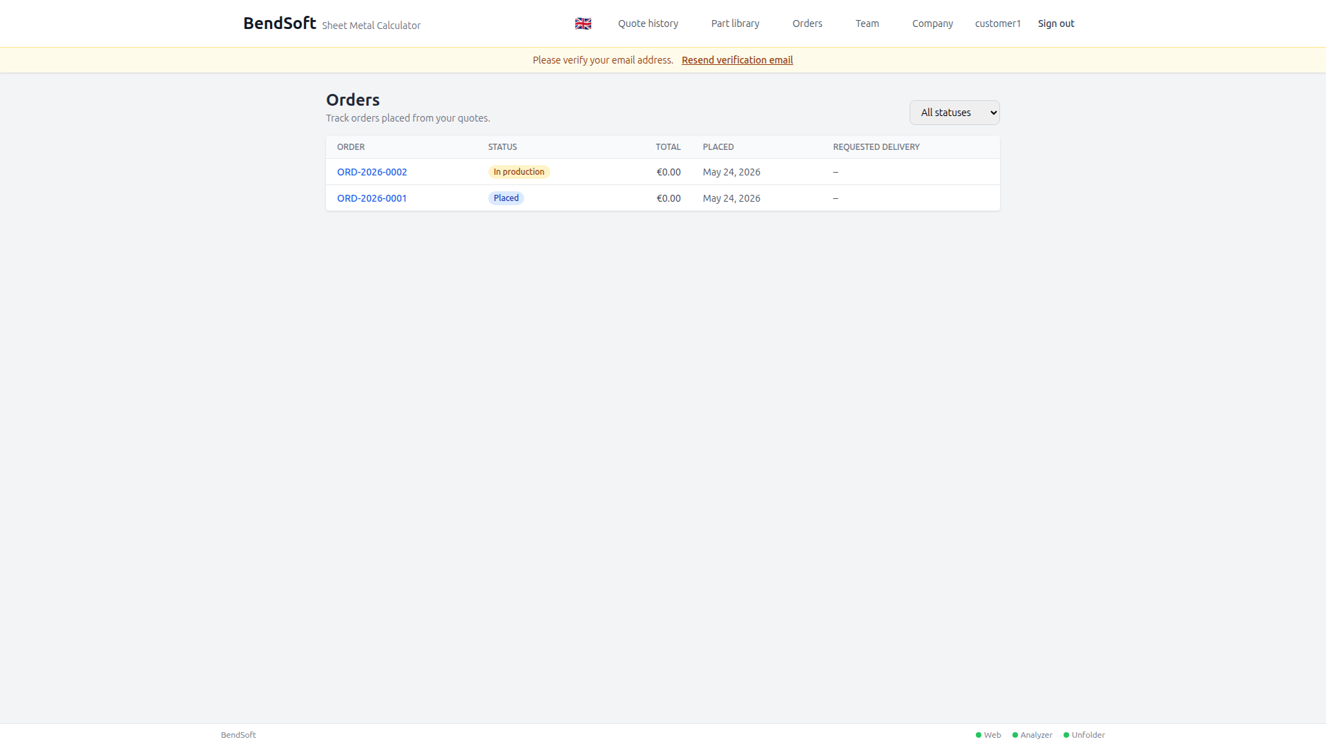 Quote → order — When a customer accepts, the quote becomes an order with status tracking — placed, confirmed, in production, shipped.