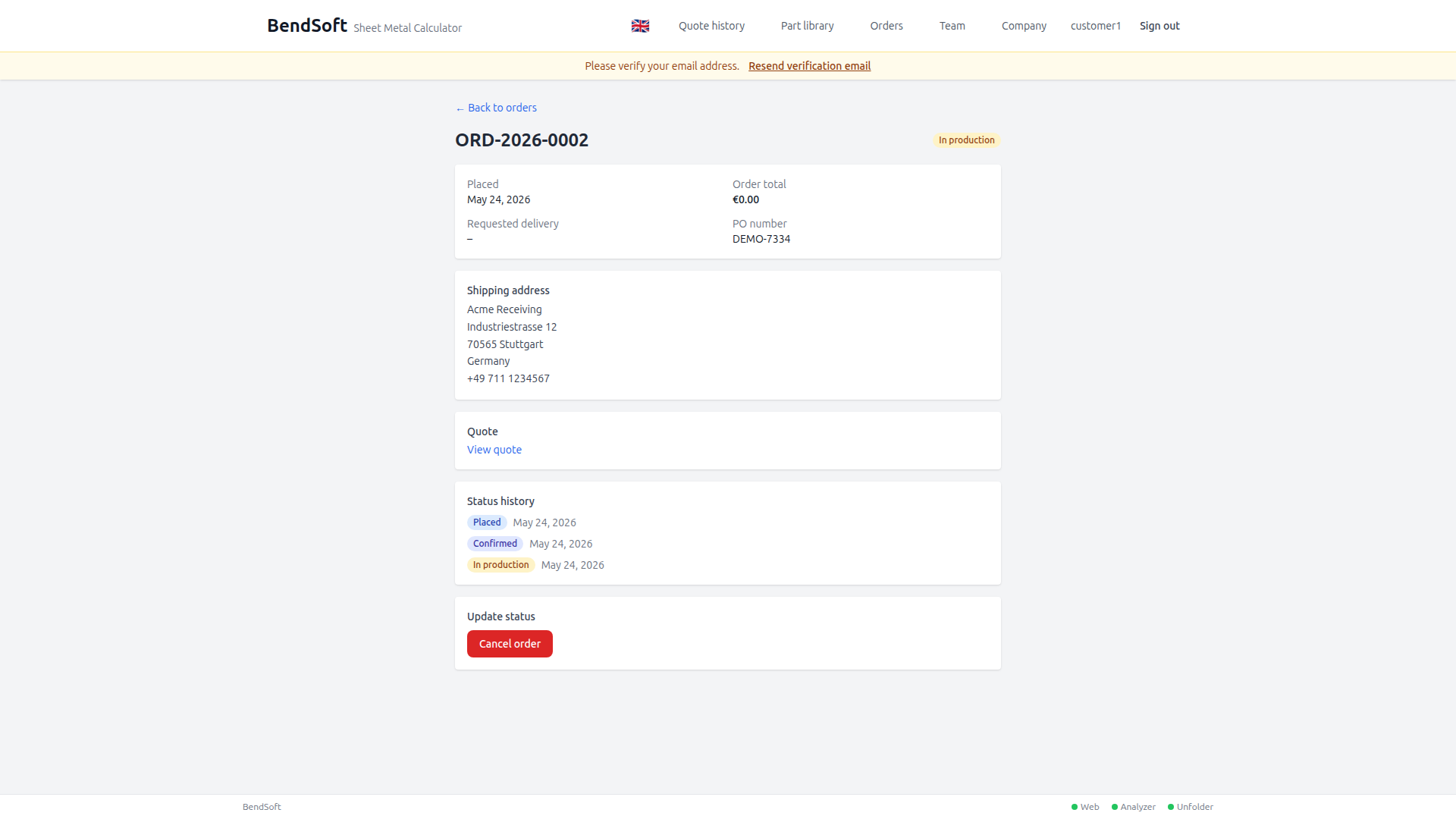 Quote becomes order, tracked end-to-end — Accepted quotes flow into an order with a live timeline: placed → confirmed → in production → shipped → completed. Every status change is audited.