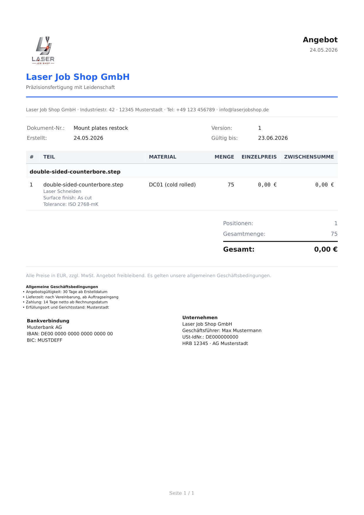 Branded PDF, ready to send — A complete quote with your logo, contact block, terms, and the full line-item breakdown. Mailed direct from the app or downloaded for your own workflow.