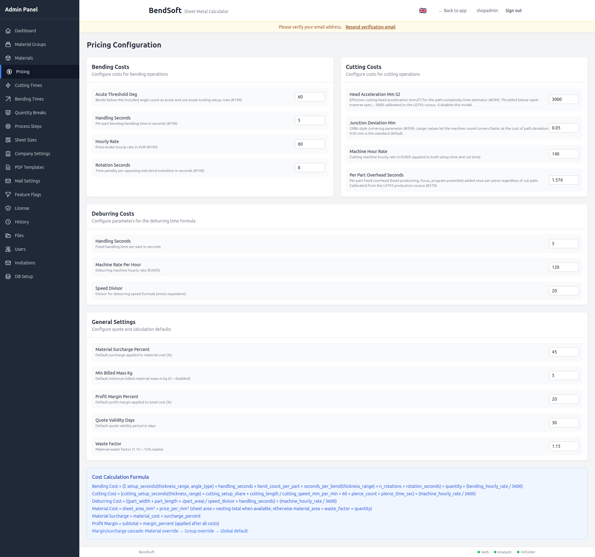 Your pricing, not ours — Cutting rates, bending setups, material markups, quantity breaks — all admin-configurable. No hidden formulas.