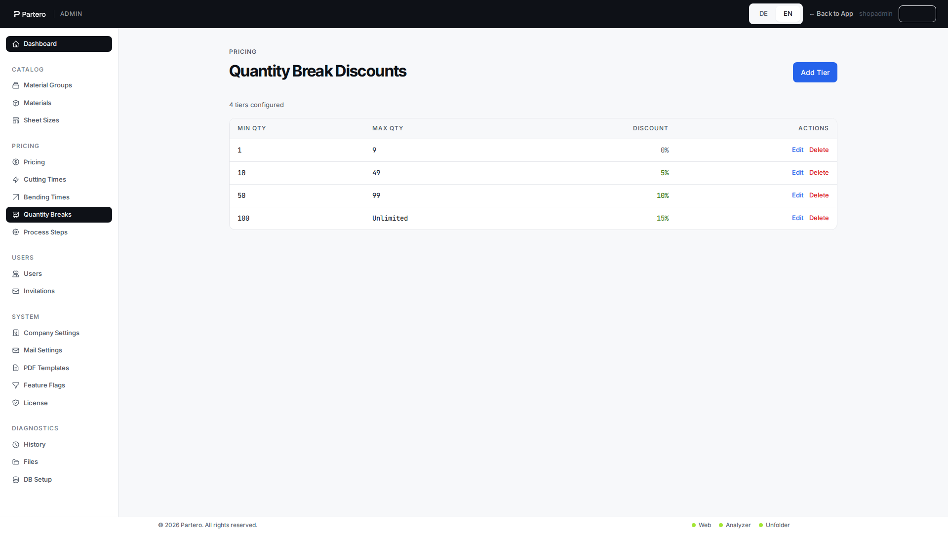 Quantity breaks — Discount curves per material or globally.